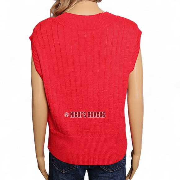 Sincerely Jules Red Cable Knit Sleeveless Sweater V-Neck Academia Preppy Size L - Picture 5 of 13